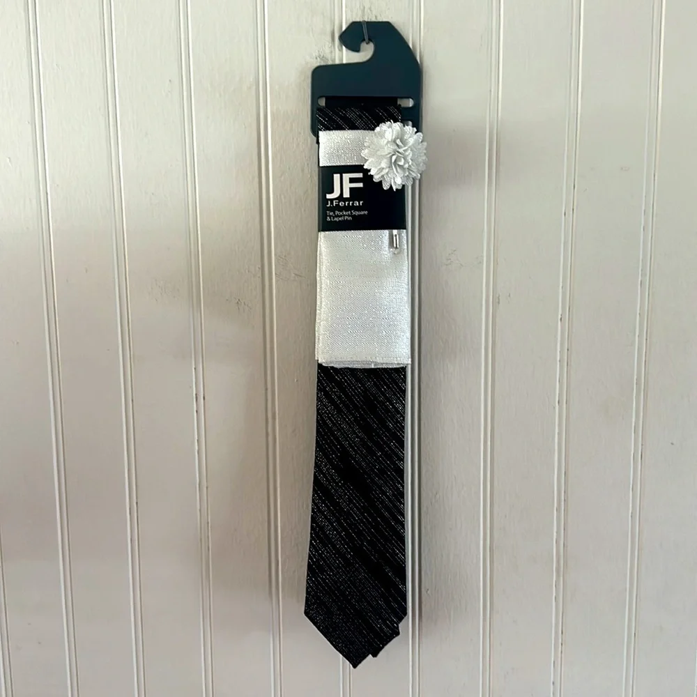 JF J. Ferrar Metallic Black, Silver and White Tie, Pocket Square and Lapel Pin